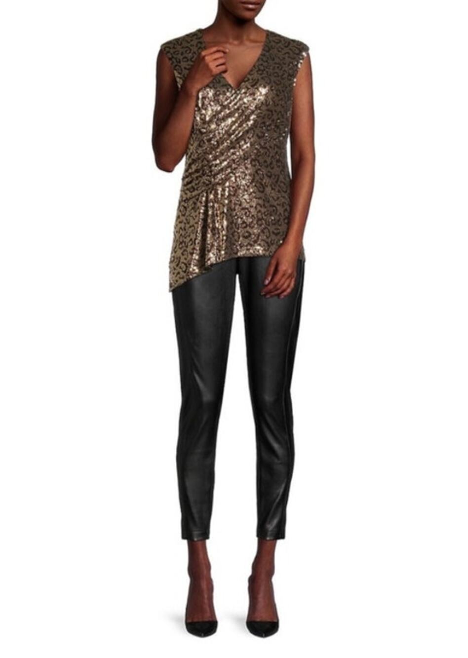 Elie Tahari Leopard Print Sequin V Neck Tank Style Top - 2